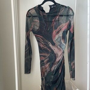 Zara Mesh Marble Long Sleeve Dress Size Small